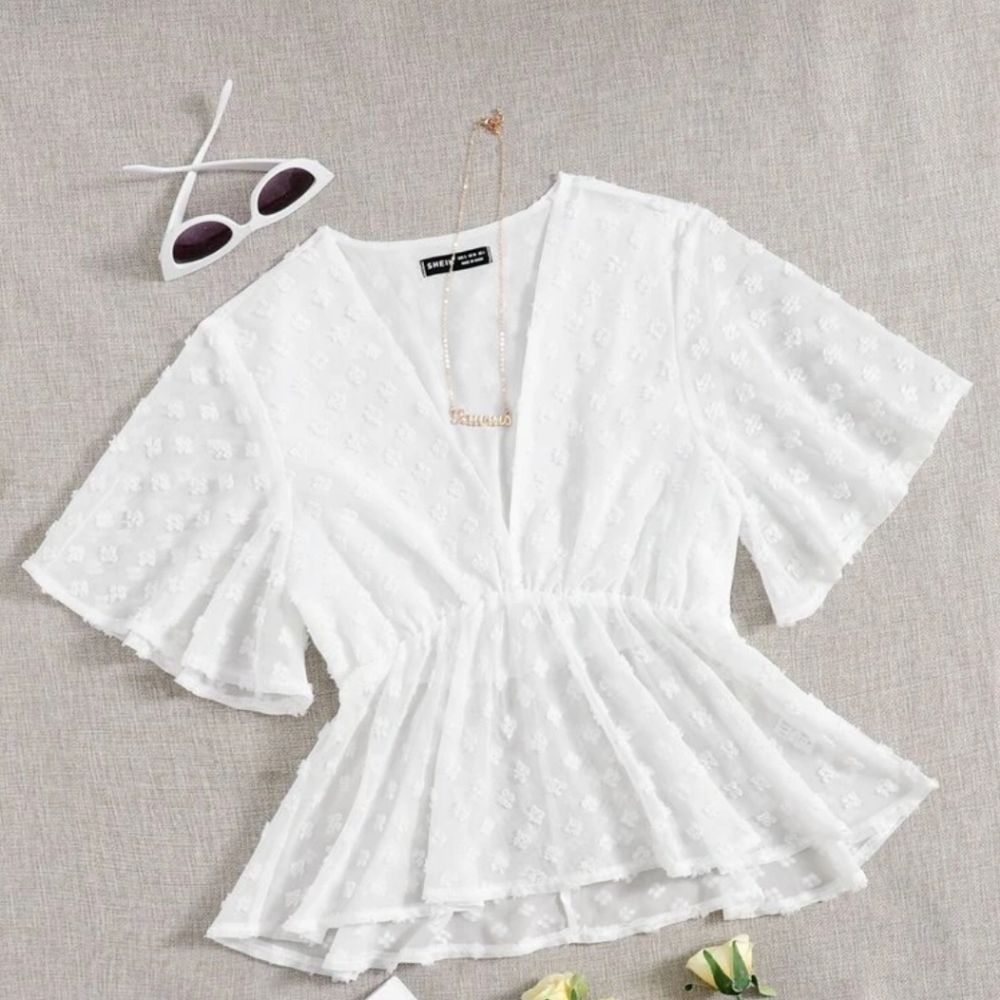 NWOT SHEIN Sheer Swiss Dot Peplum Short Sleeve Top